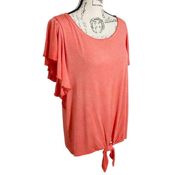 *NEW* Seven 7 Flutter Short Sleeve Tie Front T-Shirt Top Coral Orange Size XL - Picture 2 of 11